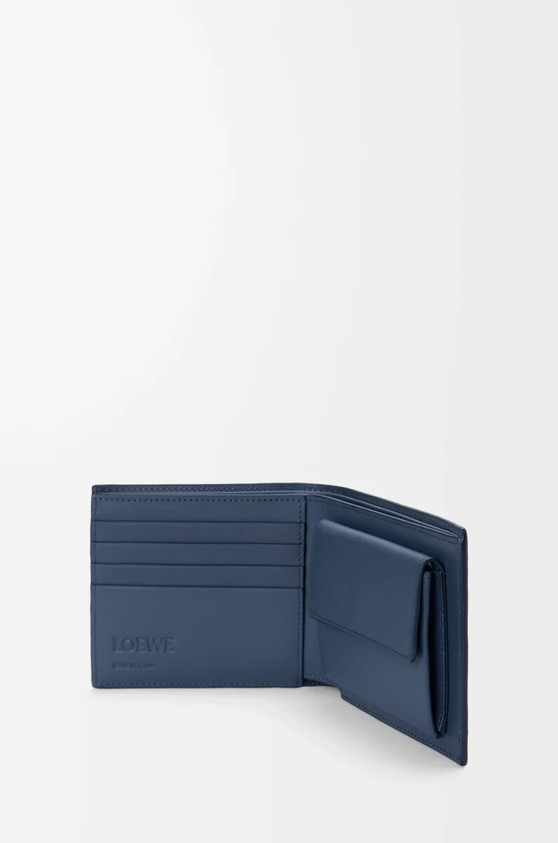 portafoglio portamonete bifold in pelle di vitello satinata indigo dye