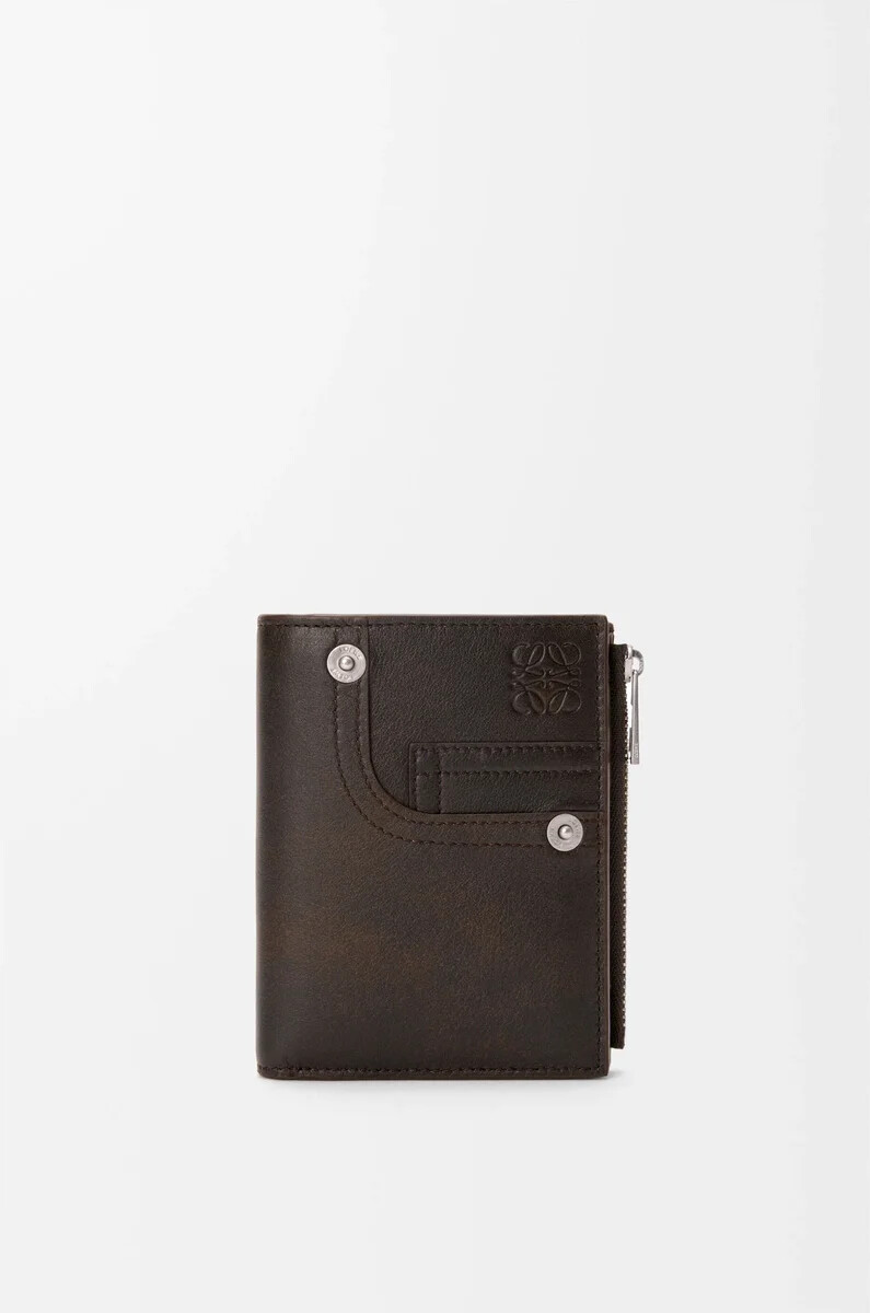 portafoglio compatto sottile panta in pelle di vitello lucida vintage brown