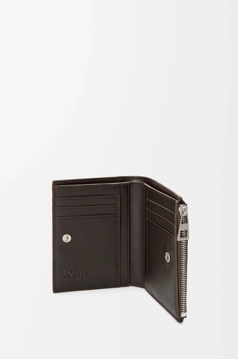 portafoglio compatto sottile panta in pelle di vitello lucida vintage brown