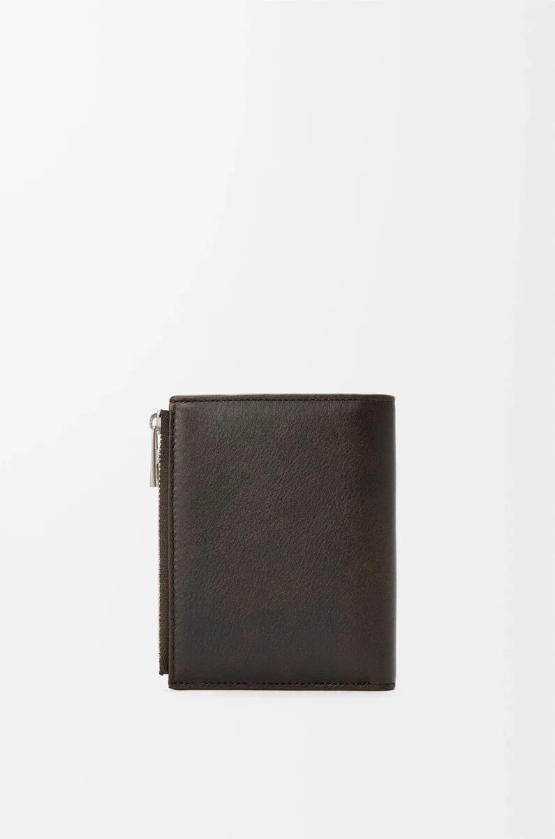 portafoglio compatto sottile panta in pelle di vitello lucida vintage brown