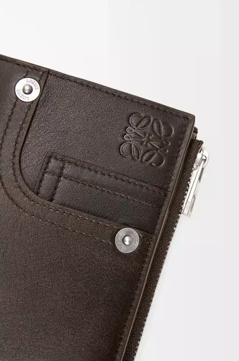 portafoglio compatto sottile panta in pelle di vitello lucida vintage brown
