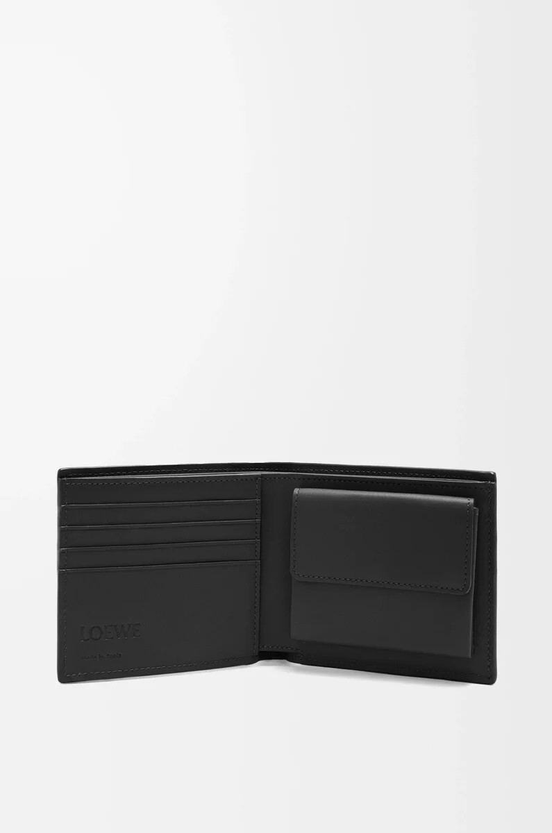 portafoglio portamonete bifold in pelle di vitello classica testurizzata nero