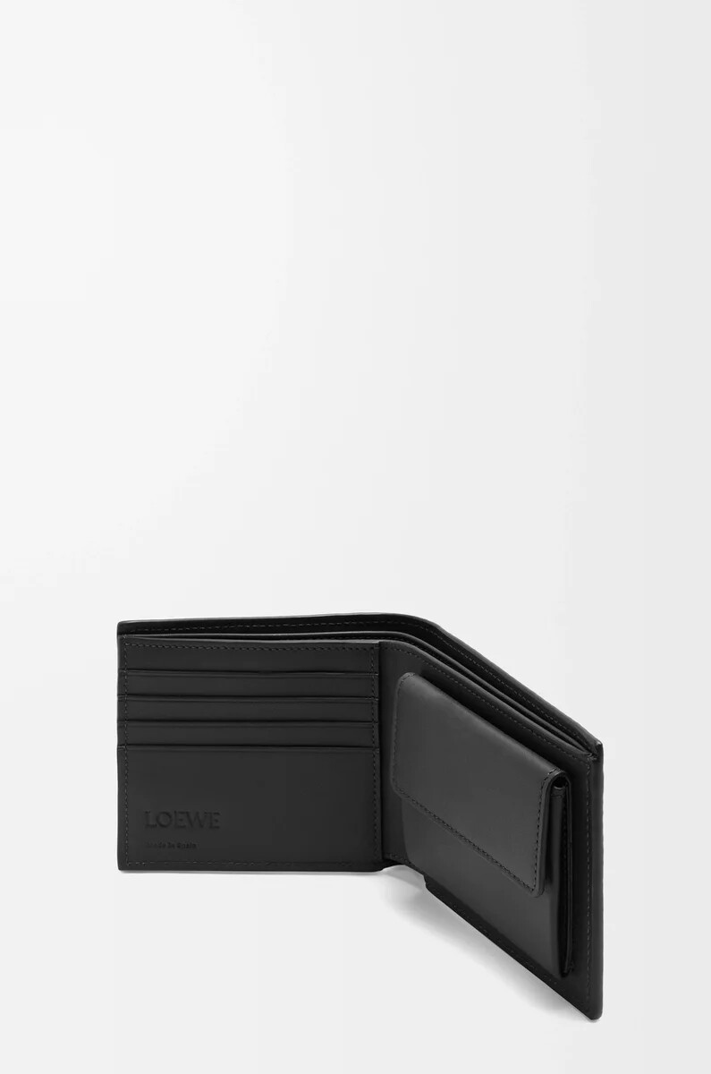 portafoglio portamonete bifold in pelle di vitello classica testurizzata nero