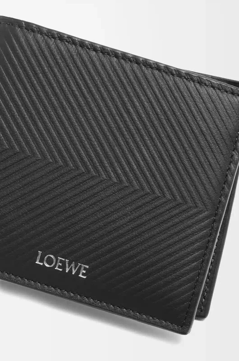 portafoglio portamonete bifold in pelle di vitello classica testurizzata nero