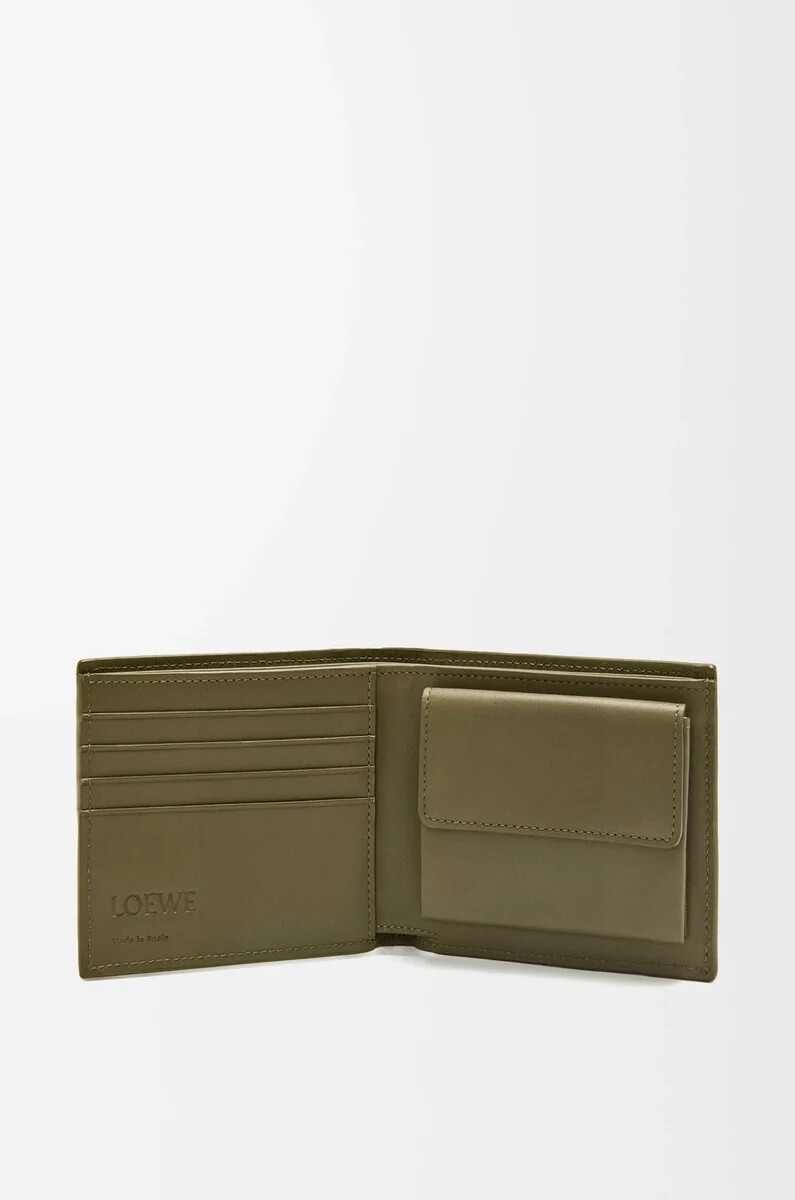 portafoglio portamonete bifold in pelle di vitello classica testurizzata color cachi scuro