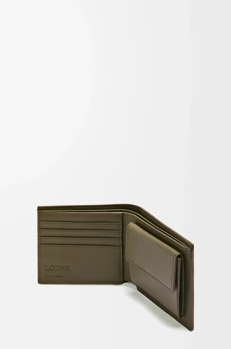 portafoglio portamonete bifold in pelle di vitello classica testurizzata color cachi scuro