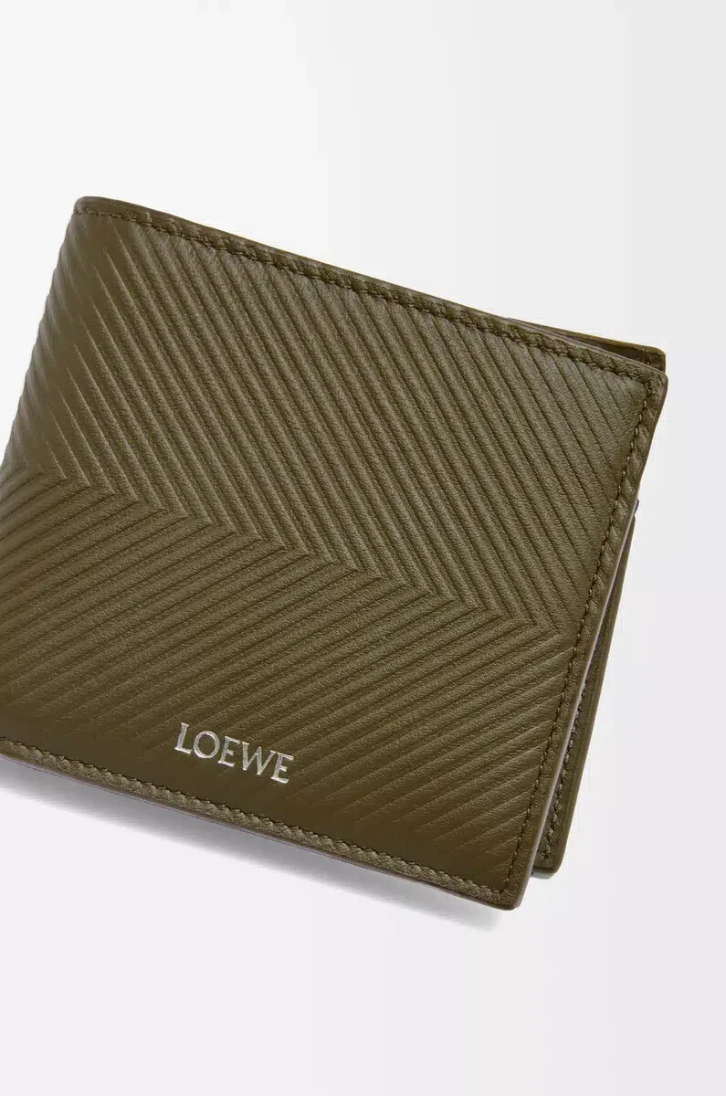 portafoglio portamonete bifold in pelle di vitello classica testurizzata color cachi scuro