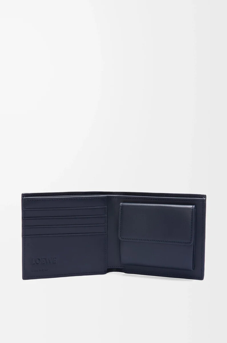 portafoglio portamonete bifold in pelle di vitello classica testurizzata deep navy