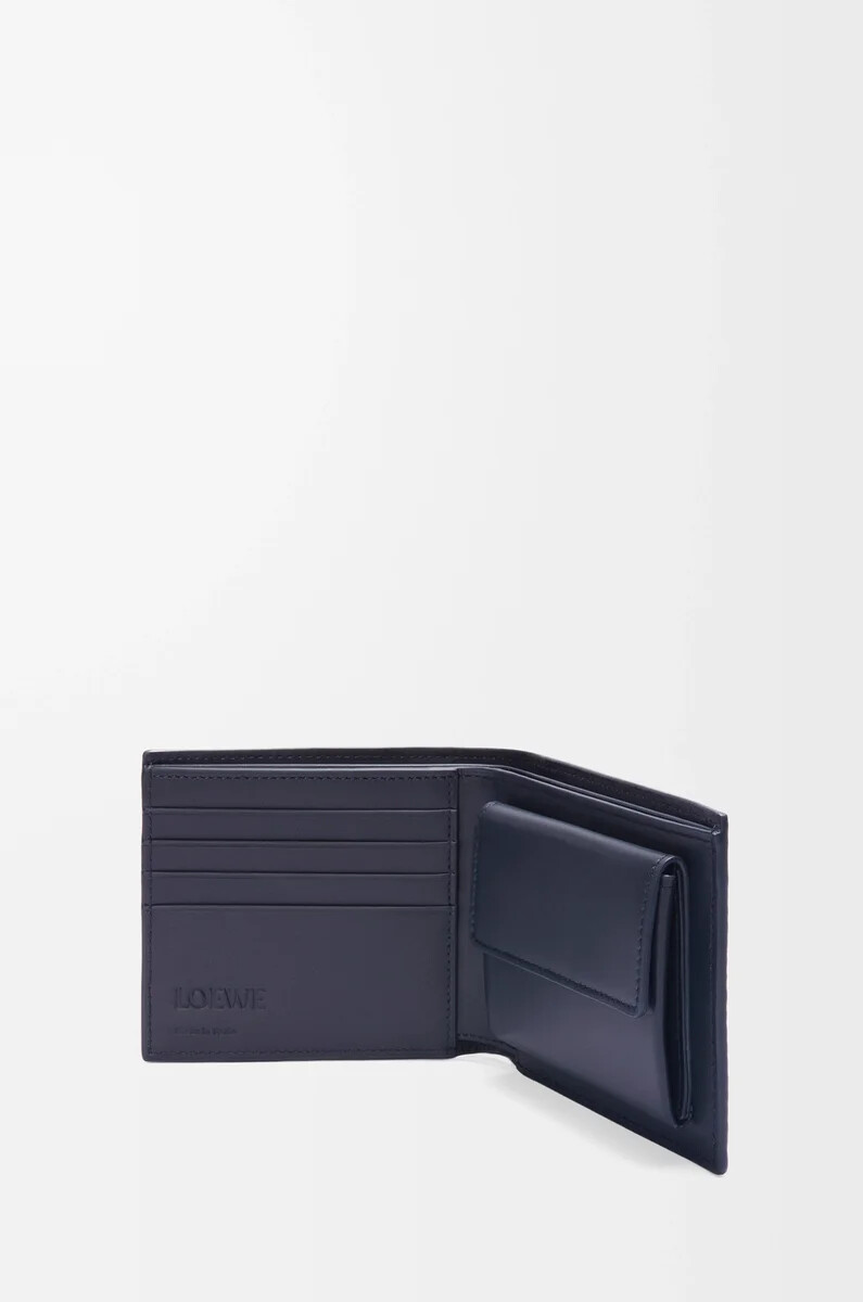 portafoglio portamonete bifold in pelle di vitello classica testurizzata deep navy