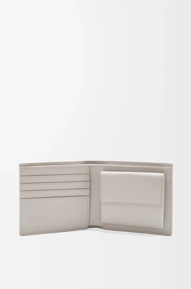 portafoglio portamonete bifold in pelle di vitello classica testurizzata shell grey