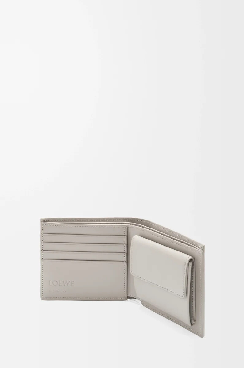 portafoglio portamonete bifold in pelle di vitello classica testurizzata shell grey