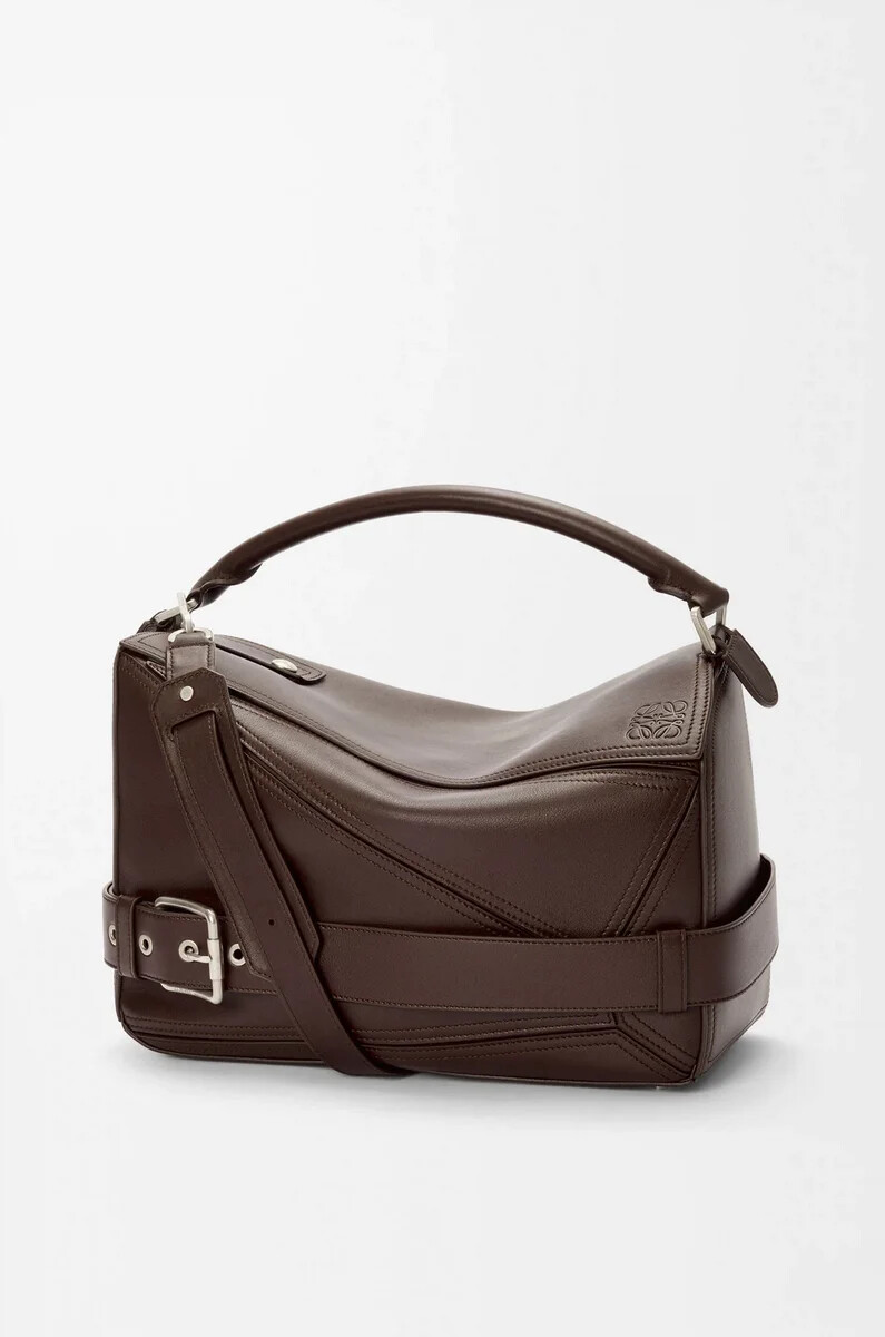 borsa puzzle biker grande in pelle di vitello lucida dark chestnut