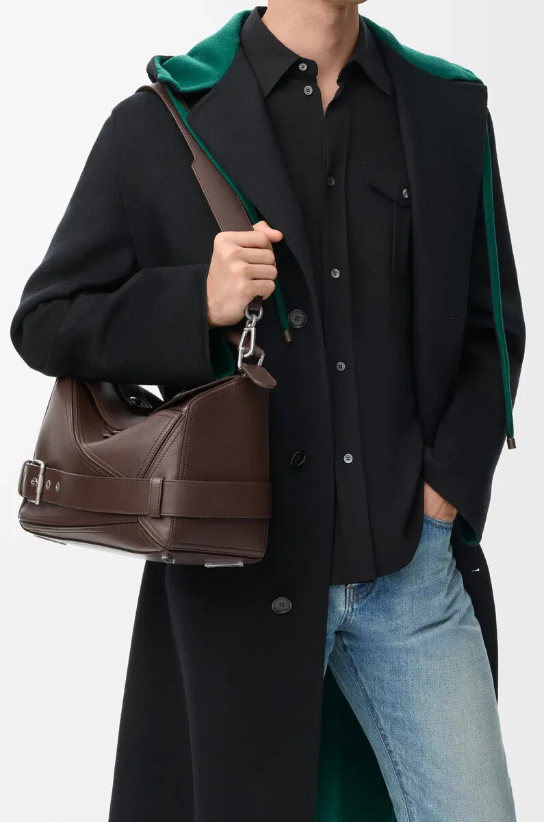 borsa puzzle biker grande in pelle di vitello lucida dark chestnut