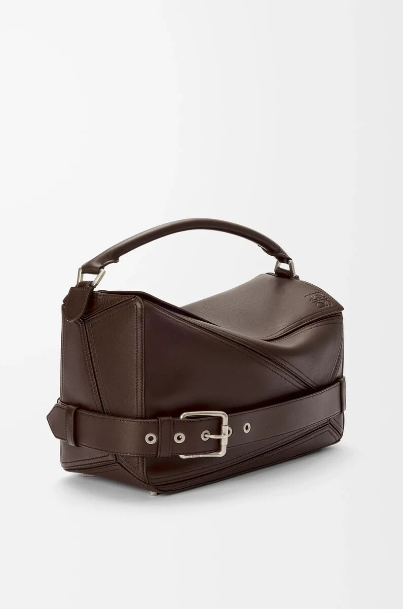 borsa puzzle biker grande in pelle di vitello lucida dark chestnut
