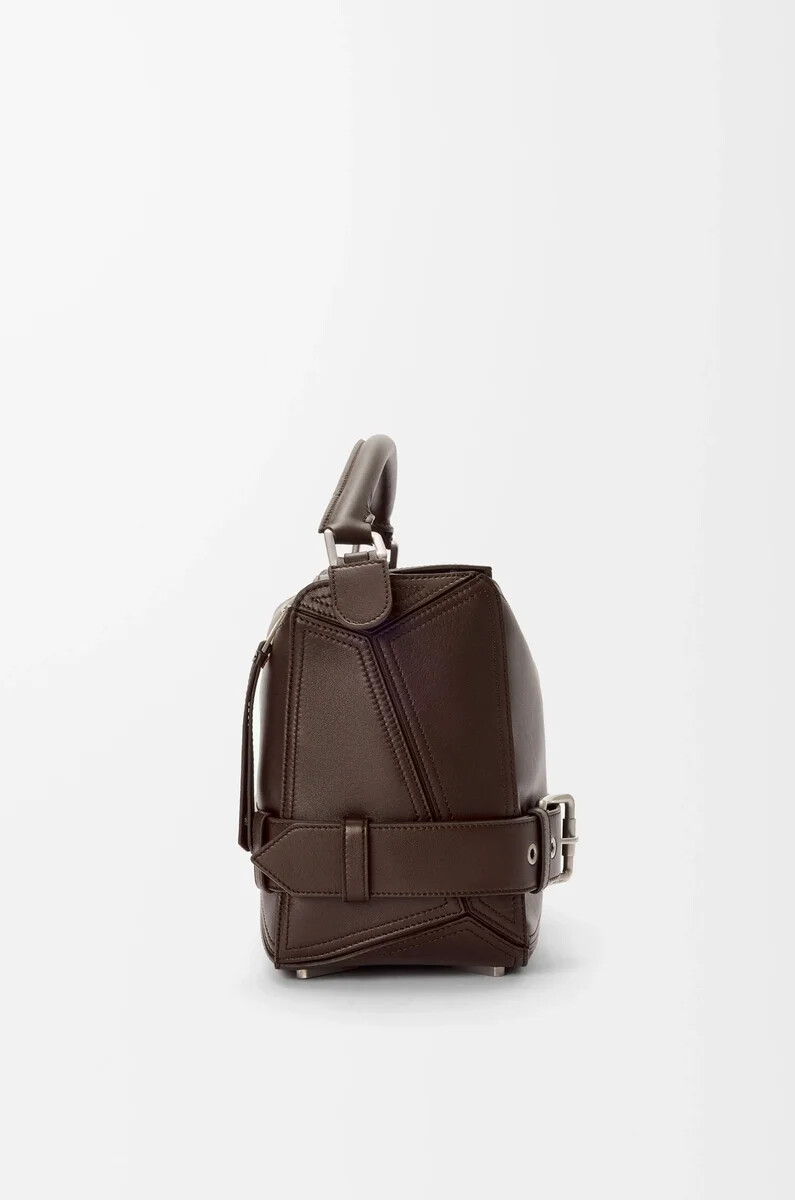 borsa puzzle biker grande in pelle di vitello lucida dark chestnut