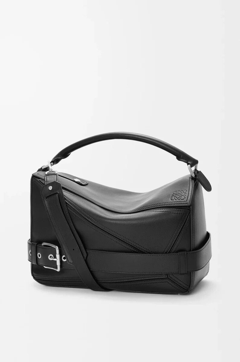borsa puzzle biker grande in pelle di vitello lucida nero