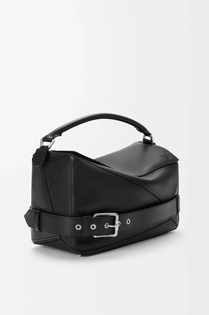 borsa puzzle biker grande in pelle di vitello lucida nero