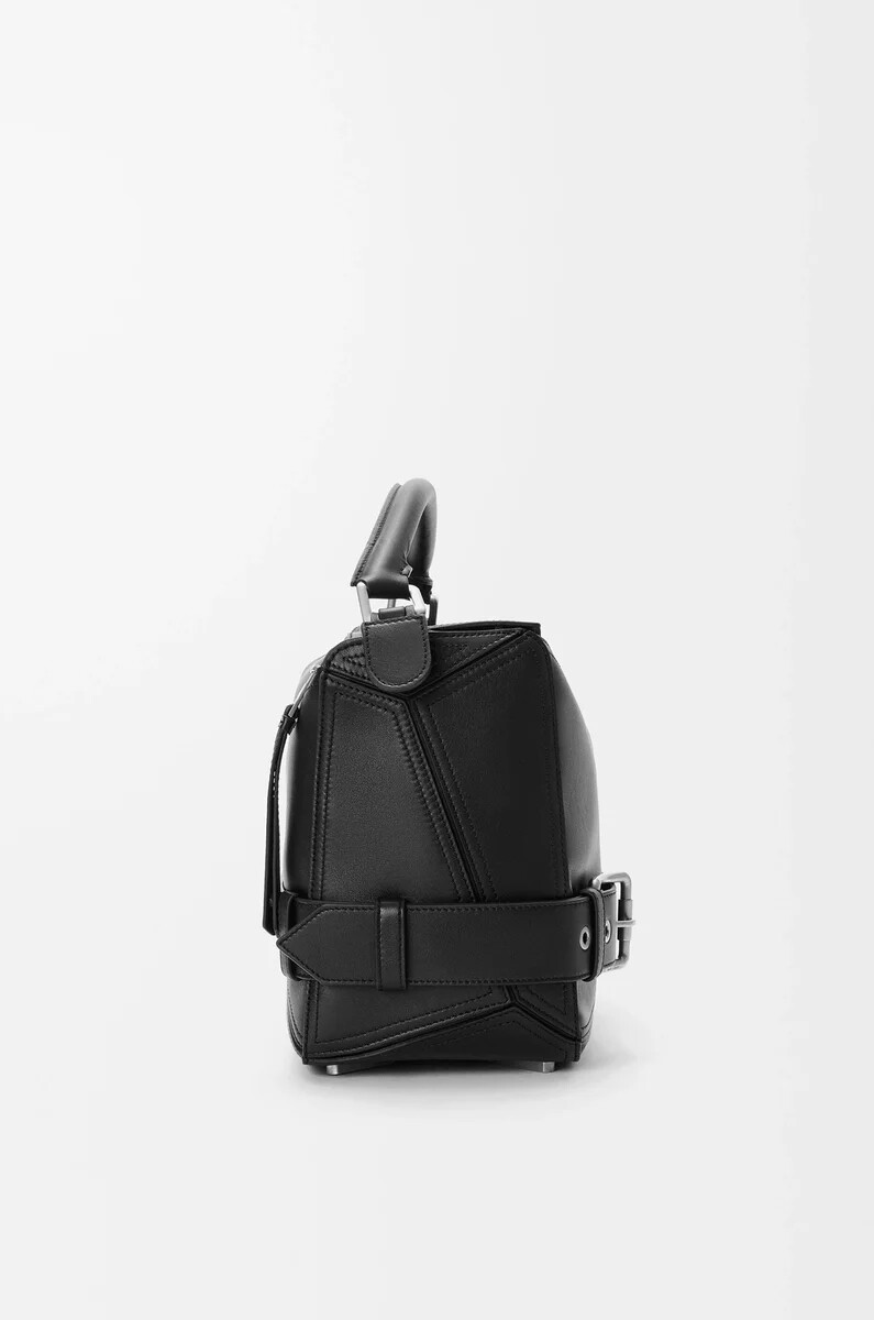 borsa puzzle biker grande in pelle di vitello lucida nero