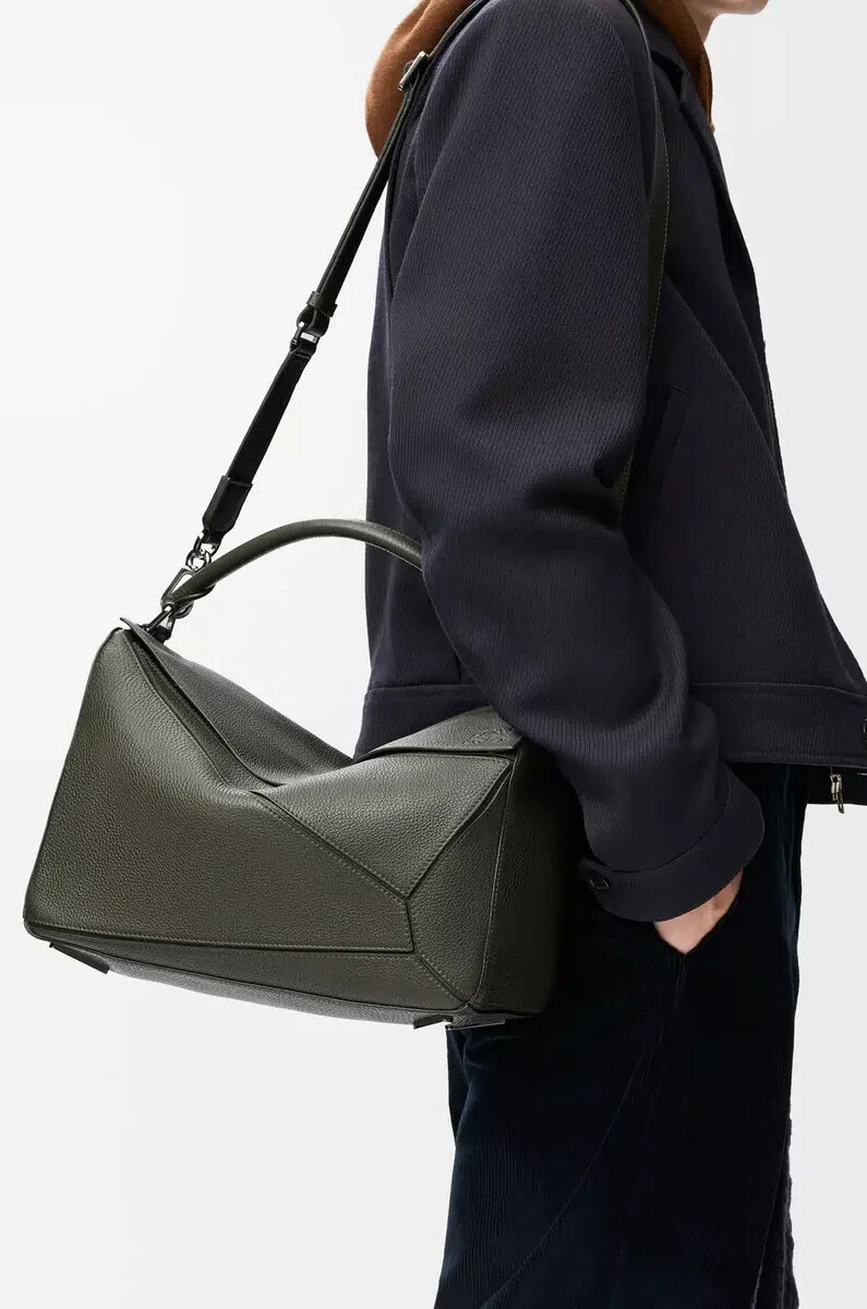 borsa puzzle grande in morbida pelle di vitello granata color cachi scuro