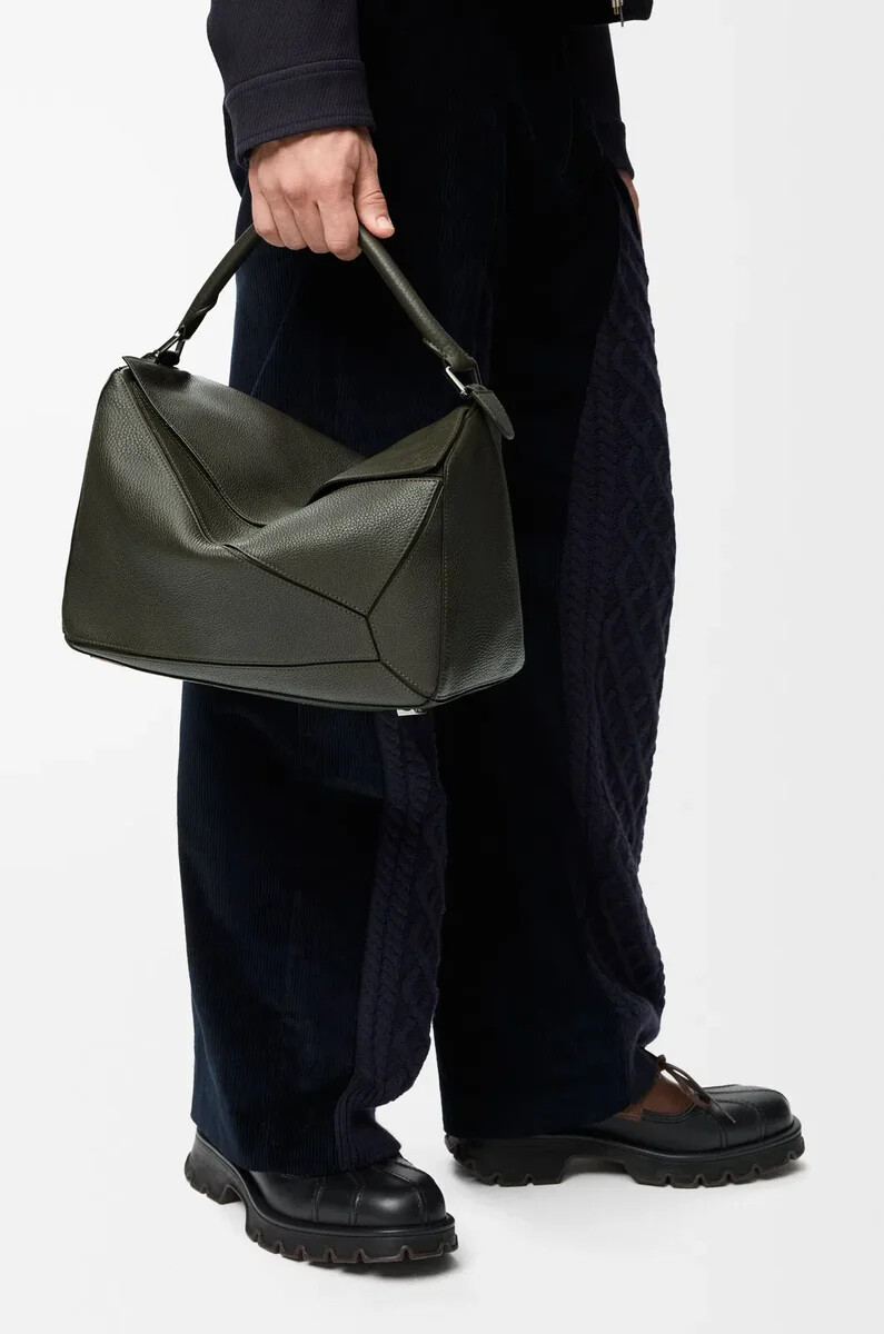 borsa puzzle grande in morbida pelle di vitello granata color cachi scuro