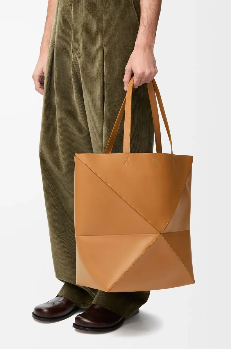 borsa xl puzzle fold in pelle di vitello lucida warm desert