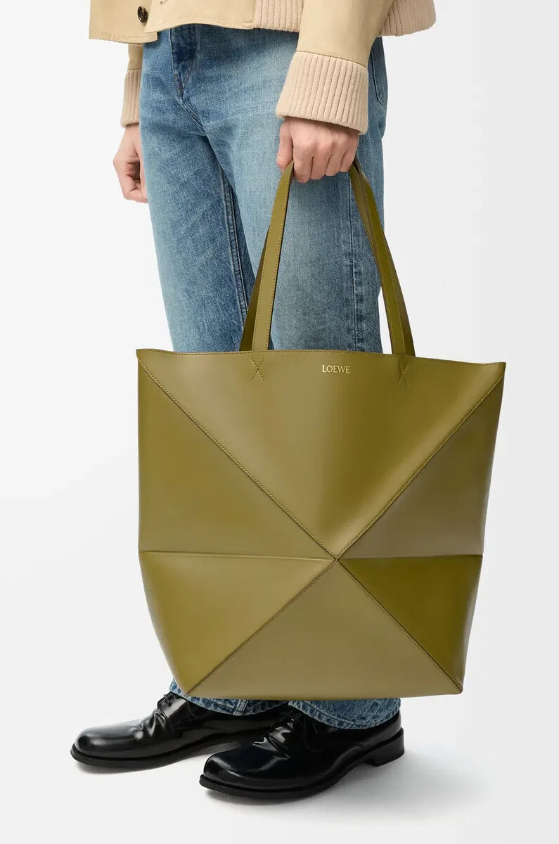 borsa xl puzzle fold in pelle di vitello lucida oliva