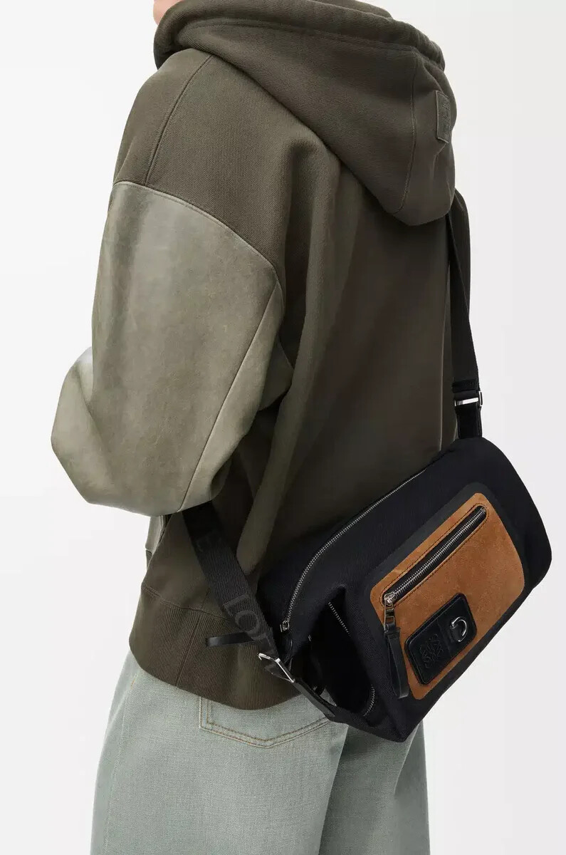 secchiello flex loop piccolo in tela e pelle scamosciata nerooro scuro