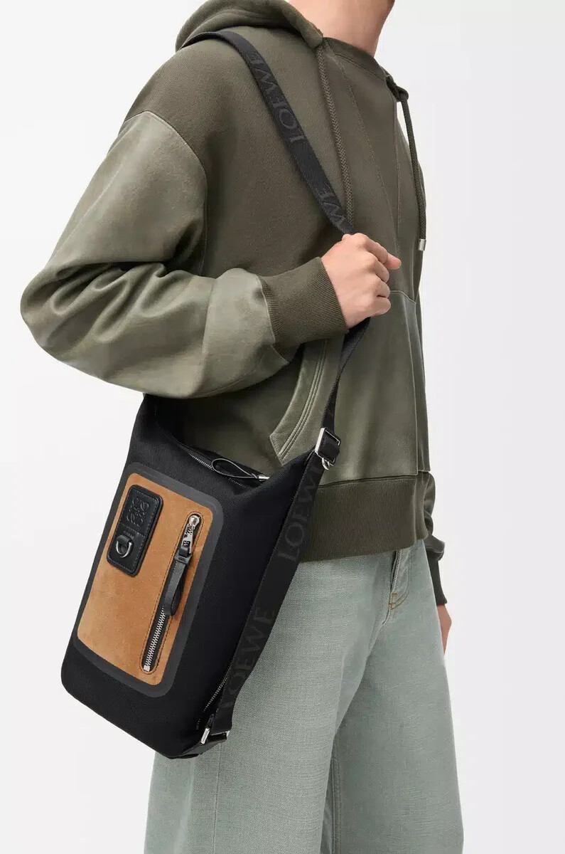 secchiello flex loop piccolo in tela e pelle scamosciata nerooro scuro