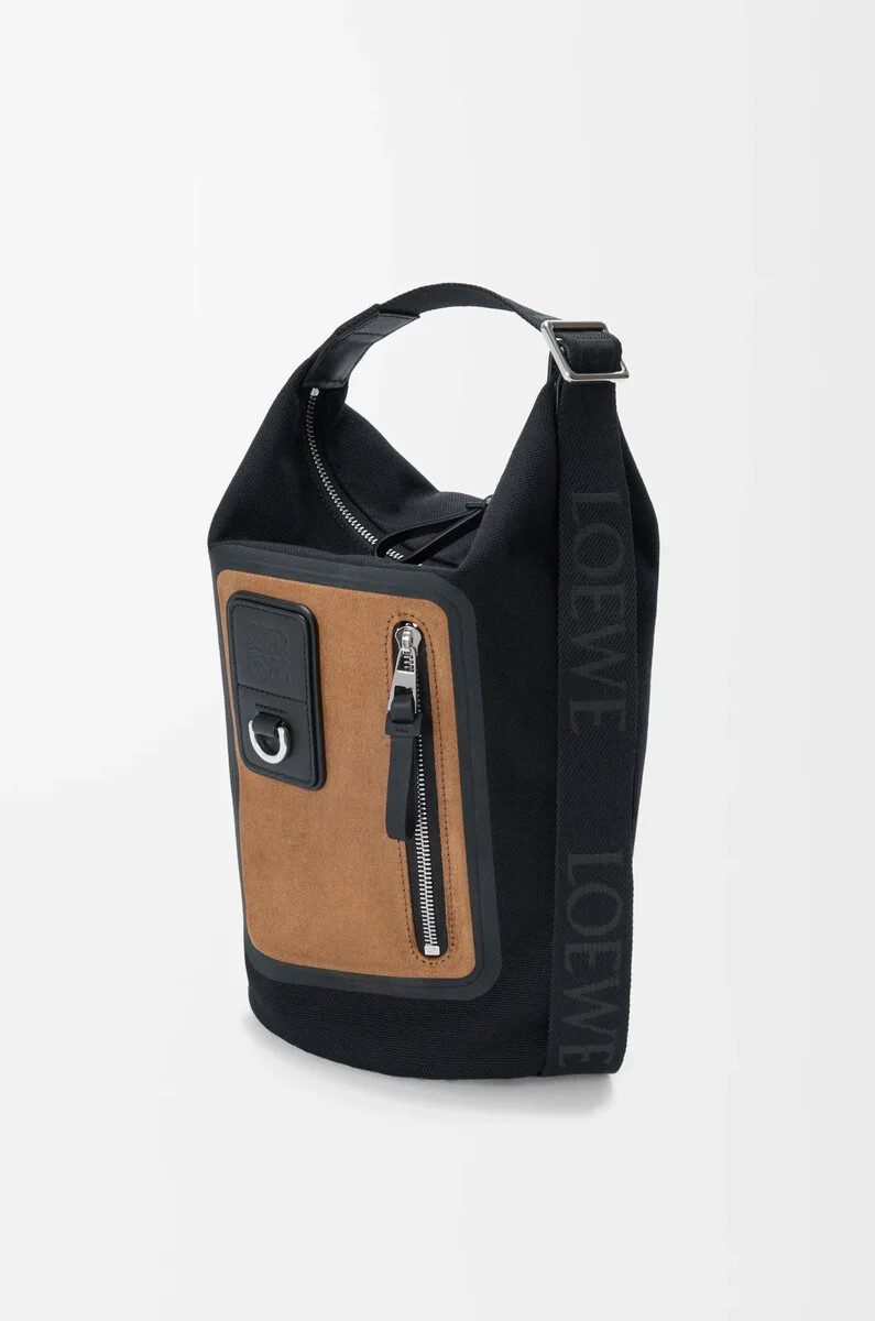 secchiello flex loop piccolo in tela e pelle scamosciata nerooro scuro