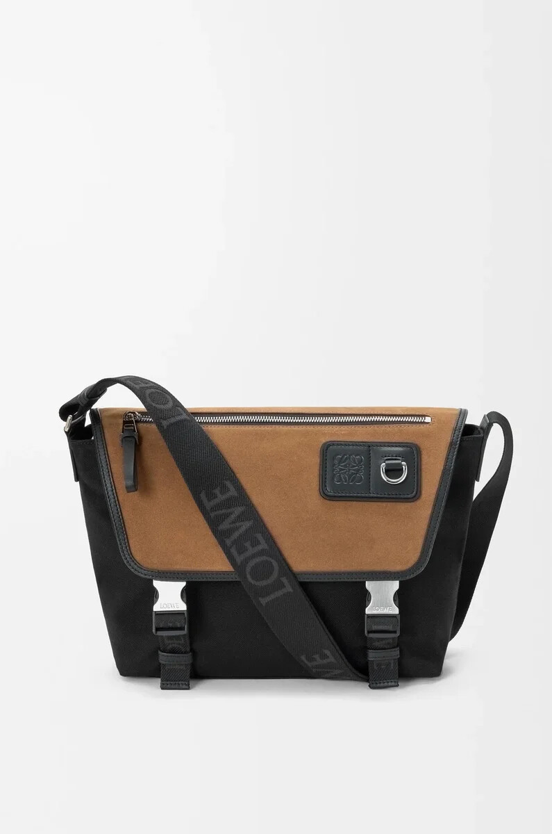borsa a tracolla flex media in tela e pelle scamosciata nerooro scuro