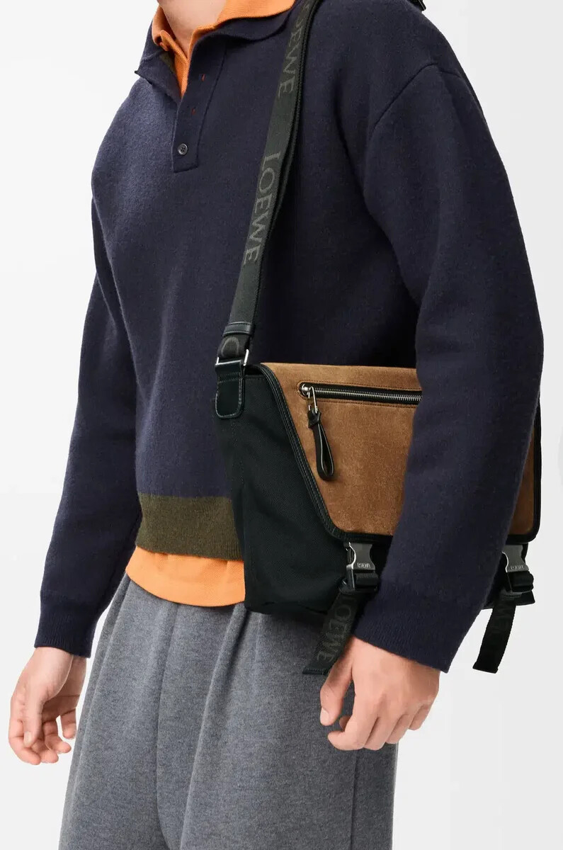 borsa a tracolla flex media in tela e pelle scamosciata nerooro scuro