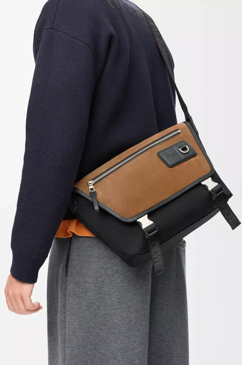 borsa a tracolla flex media in tela e pelle scamosciata nerooro scuro