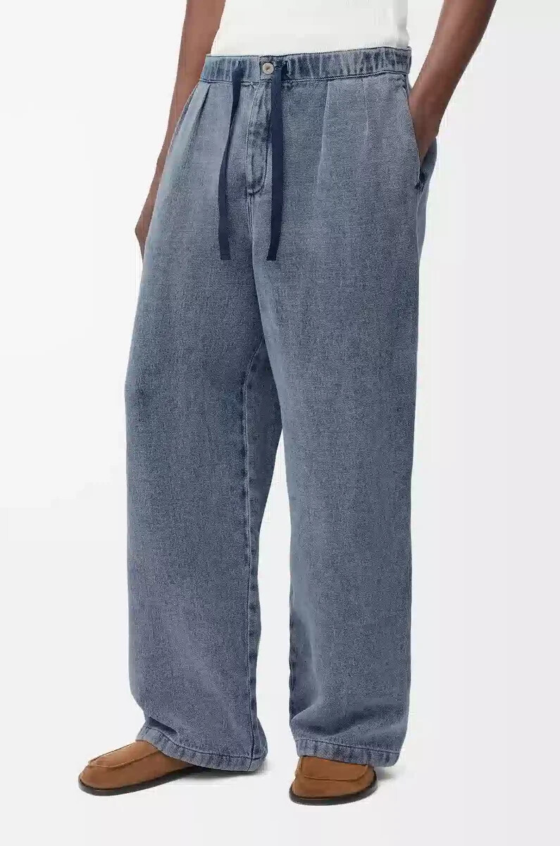 pantaloni con coulisse in cotone e lino grigio blu