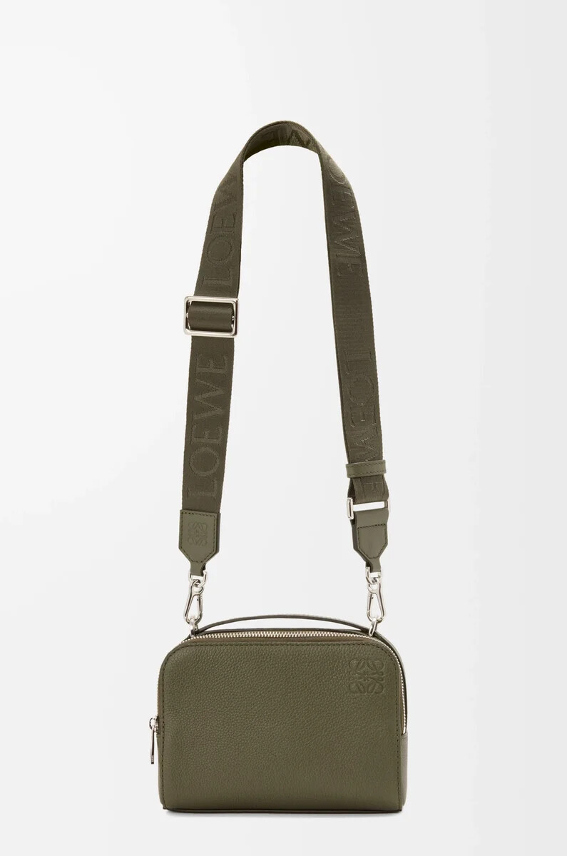 mini borsa a tracolla per fotocamera in morbida pelle di vitello granata verde kaki