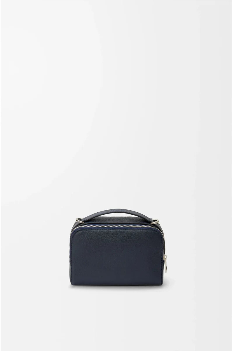 mini borsa a tracolla per fotocamera in morbida pelle di vitello grana blu navy