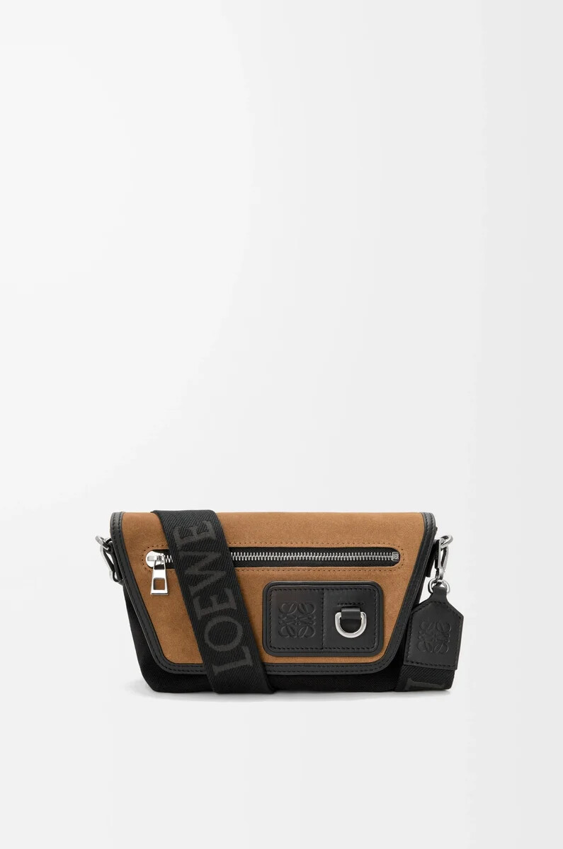 mini flex messenger in tela e pelle scamosciata nerooro scuro