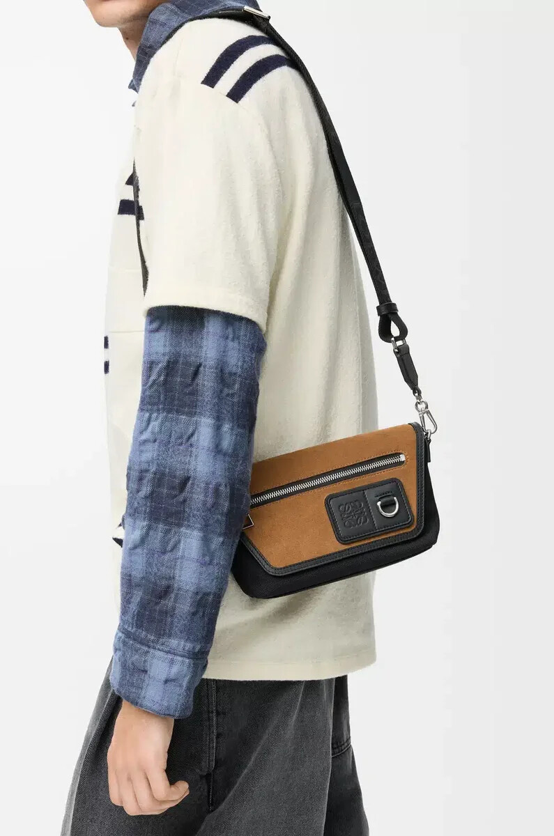 mini flex messenger in tela e pelle scamosciata nerooro scuro