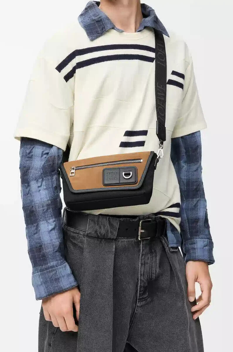 mini flex messenger in tela e pelle scamosciata nerooro scuro