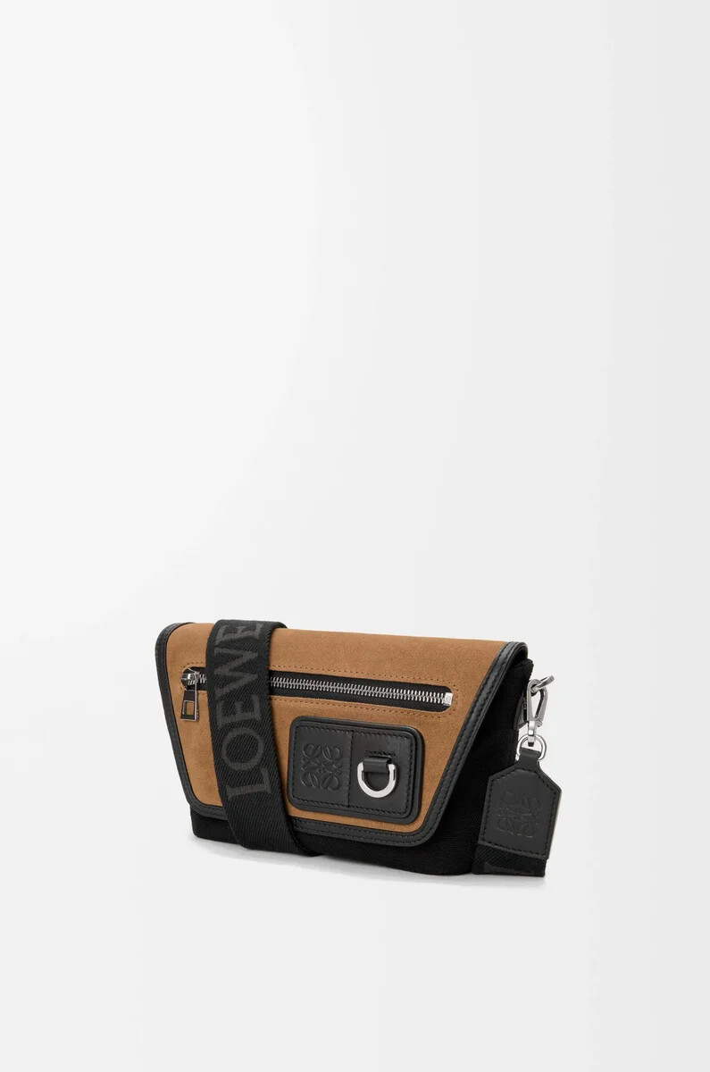 mini flex messenger in tela e pelle scamosciata nerooro scuro